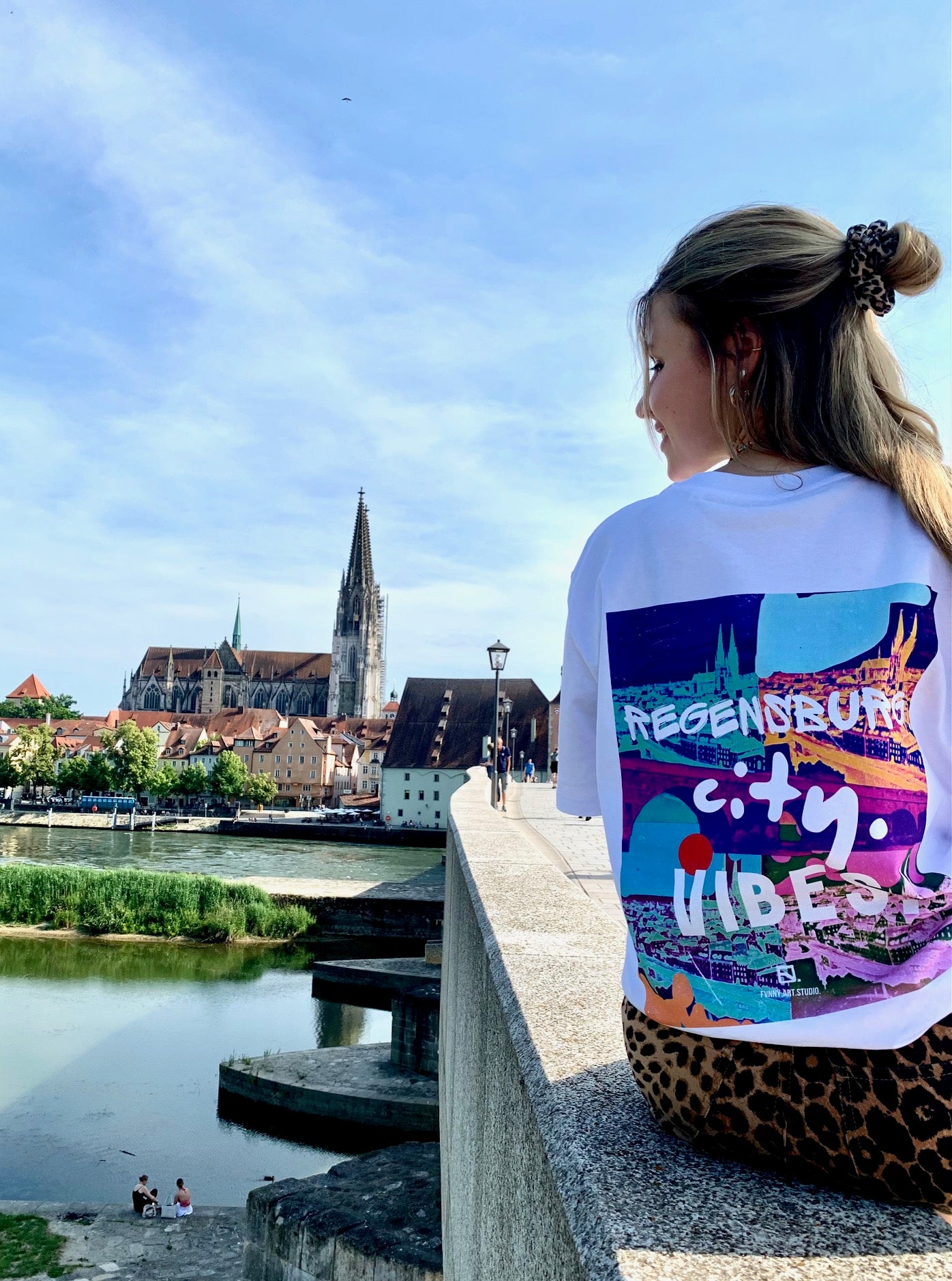 Regensburg city vibes. white unisex t-shirt. custom art design