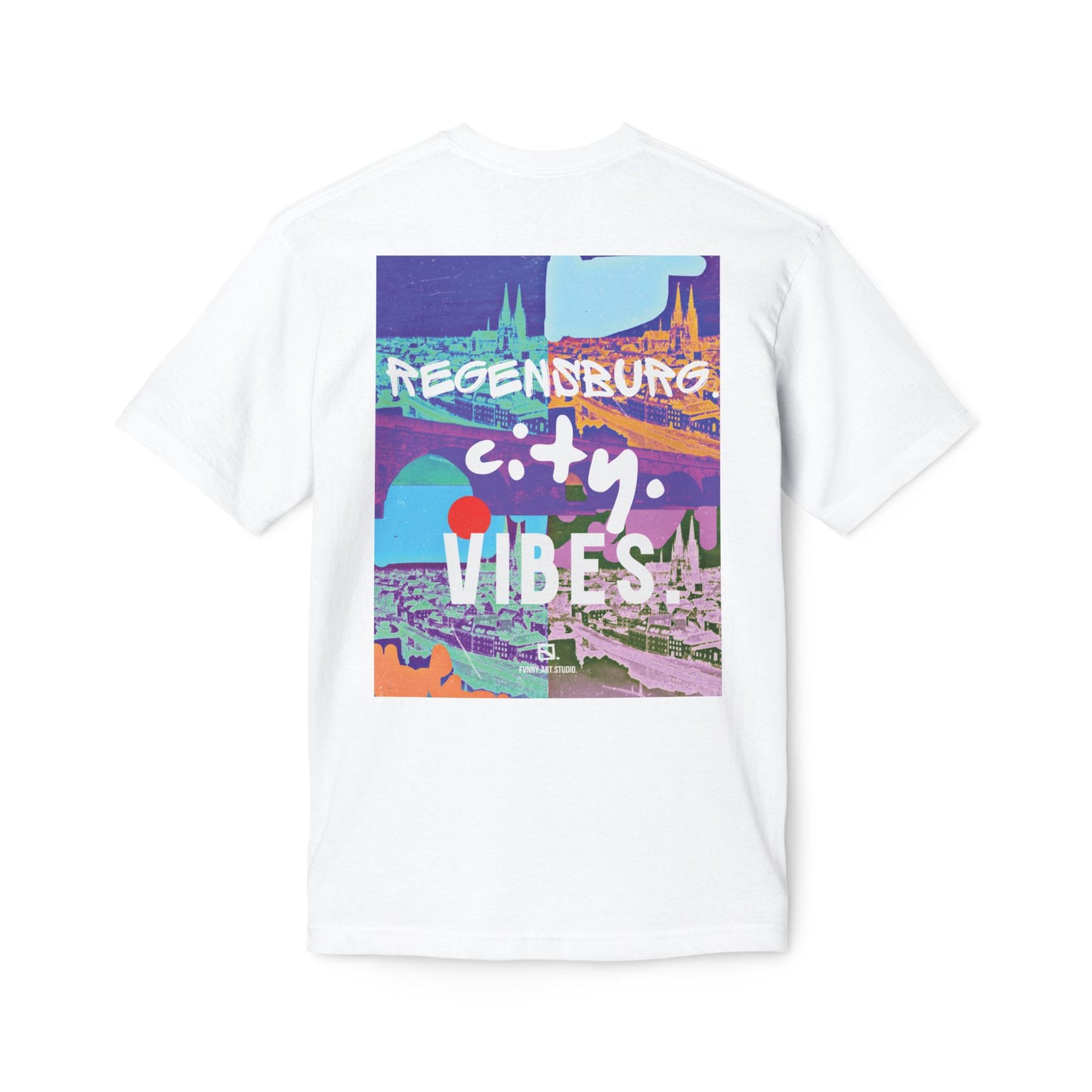 Regensburg city vibes. white unisex t-shirt. custom art design
