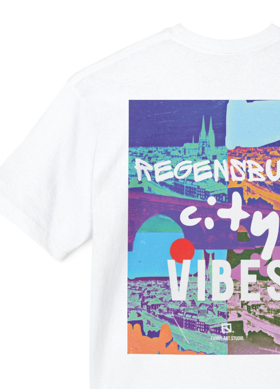 Regensburg city vibes. white unisex t-shirt. custom art design