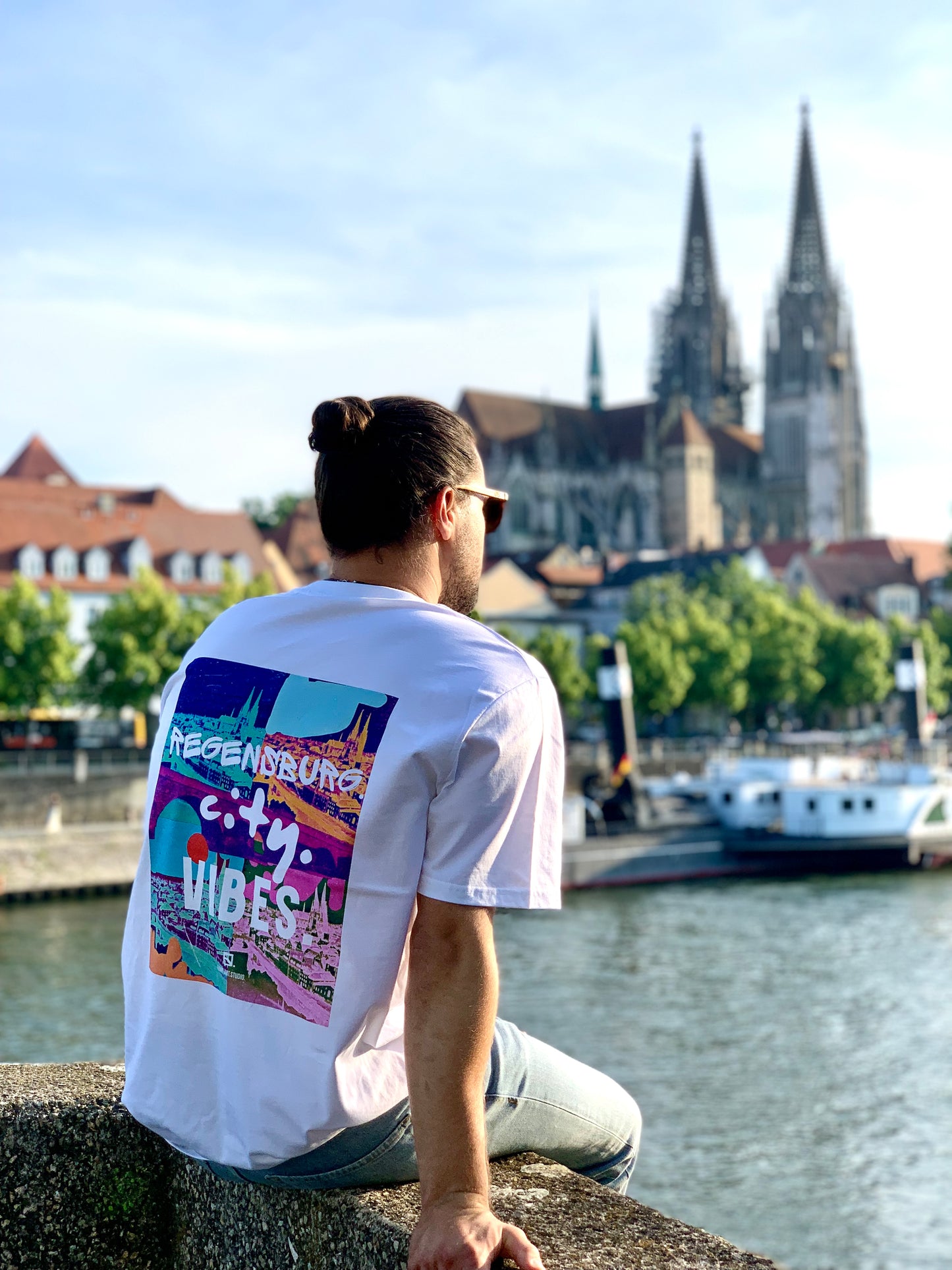 Regensburg city vibes. white unisex t-shirt. custom art design